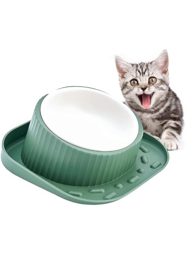 Elevated Cat Food Bowl, 12 Oz Ceramic Raised and Tilted Water Bowl, Anti Vomiting and Protect Pets' Spines Dishes for Small Dog, Fat Faced Cat, Kitten, Pets Bowls with Non-Spill and Anti-Slip Base