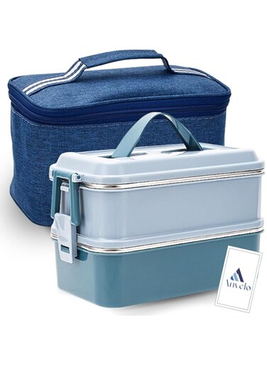 ANVELO 1400ml 2 Layer Stainless Steel Lunch Box - Durable, Leakproof &amp; Anti-Skid for Kids &amp; Adults, Office, School, Travel- Keeps Food Safe, Healthy, and Warm, Lunch Bag Included (Blue - 13x11.5x27cm)
