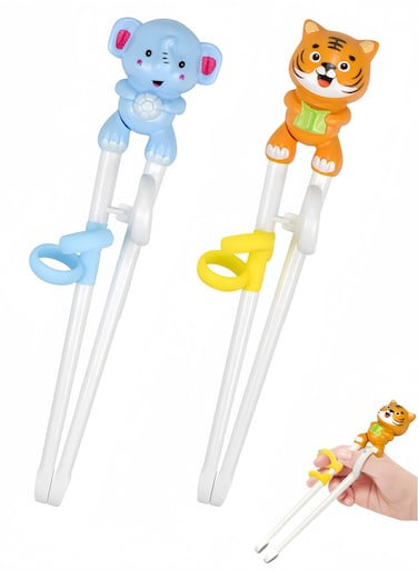 Pairs Kids Chopsticks, Training Chopsticks for Kids, Cute Animal Cartoon Design Chopsticks for Learning and Training -Yellow Tiger &amp; Blue Elephant