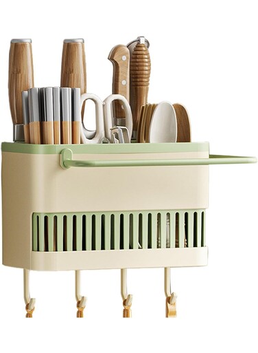 No-Drill Wall-Mounted Utensil Organizer &acirc;&euro;&ldquo; 3 Compartments for Knives, Spatulas &amp; Cloths, Space-Saving Kitchen Storage Solution (Matcha Green)