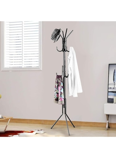 Stable Metal Clothes Stand Hanger   46cm Length x 175cm Height x 42cm Depth   10KG Capacity   12 Hooks   Painted Steel and Plastic   Black   Home Organizer for Garments, Scarves, Bags, Umbrellas