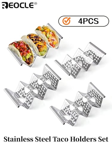4PCS Stainless Steel Taco Holders Set with Easy Access Handle Each Stand Holds 3 Tortillas Microwave Air Fryer and Oven Safe for Kitchen Dining and Party Use