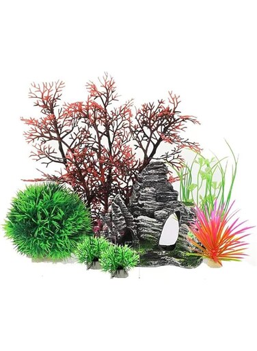 NA Aquarium Fish Tank Plastic Plants and Cave Rock Decorations Decor Set 7 Pieces, Fish Tank Accessories Aquarium Decorations Rock Plants, Small and Large Artificial Fish Tank Plants with Cave Rock