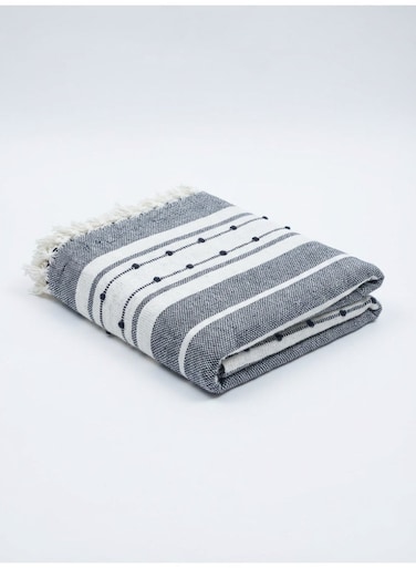 130 x 160 cm Premium Cotton Throw Blanket Navy Blue Striped Design with Tassels 400GSM Boho Decorative Woven Cover for Sofa Couch and Bed