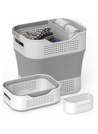 SLEEPHEAD&reg;Collapsible Plastic Laundry Basket Hamper with Handles, 43L (11.5Gallon) Portable Rubber Clothes Basket, Pop Up Storage Container/Organizer with Hanging basket for Washing &amp; Storage, Grey
