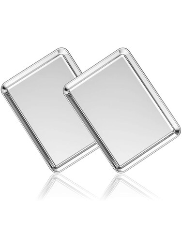 Deedro Stainless Steel Baking Sheet Set of 2, Cookie Sheet Metal Baking Pan Oven Tray, Non Toxic &amp; Heavy Duty, Rust Free &amp; Mirror Finish, Easy Clean &amp; Dishwasher Safe, 9 x 7 x 1 Inch