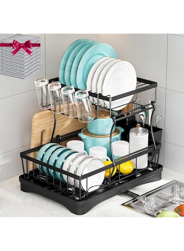 STAYOUNG Double Dish Drying Rack - Kitchen Utensil Rack, Detachable Capacity Dish Drainer Organizer with Utensil Holder, Drain Board, Durable Metals, Easy Drainage, with 10 Rags (Black)