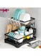 STAYOUNG Double Dish Drying Rack - Kitchen Utensil Rack, Detachable Capacity Dish Drainer Organizer with Utensil Holder, Drain Board, Durable Metals, Easy Drainage, with 10 Rags (Black)
