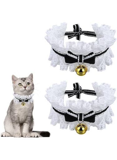 NALACAL 2pcs Bow Tie Cat Collar Bandana, Cat Collars with Bells Adjustable Cat Lace Bow Tie Bandana, Cats Bow Bib with Cute Bowknot Neck Strap Kitten Collar Cat Bandana for Cats, Kitten, Small Pet(M)