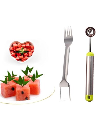 Paporich 2 Pack Watermelon Fork Slicer Cutter, 2-in-1 Summer Stainless steel Watermelon Fruit Cutter with Melon Baller Scoop, Fruit Knife Carving Tool Kitchen Gadgets for Family Parties Camping