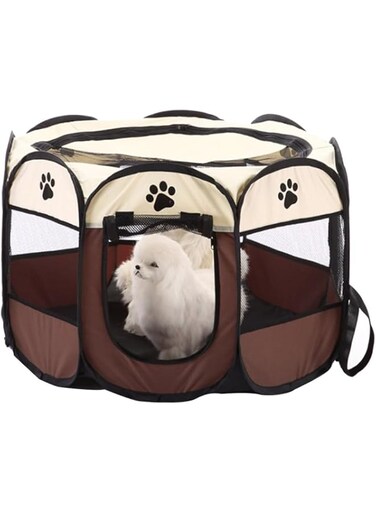 HALAMODO Dog playpen, Foldable Puppy Playpen, Pet Playpen Carrier Pop Up Tent 8-Panel Mesh Cover Adorable Design 600D Soft Oxford Playpen Kennel for Indoor-Outdoor Dog Cat Rabbit (Brown, M, 8)