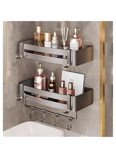 Strayelf 2 Pack Bathroom Shower Shelves with 8 Hooks&amp;Towel Bar, Shower Caddy Shelf Organizer Rack, Rustproof Bathroom Shower Storage Baskets, Wall Organization Storage Shelves Basket (Style 3)