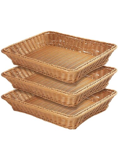 WEVOGTY 15.7" Poly-Wicker Bread Basket,Woven Tabletop Food Fruit Vegetables Serving Basket, Restaurant Serving,Brown (3 PACKS)
