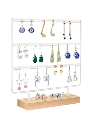 DELFINO Earring Organiser, Jewelry Stand, Earring Display Stand with Wooden Tray/Dish for Earrings Necklace Bracelet Rings, Earring Holder for Hanging Earrings (66 Holes/3 Layers)