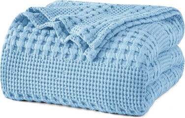 King Size 230cm x 275cm 100% Cotton Waffle Weave Blanket &acirc;&euro;&ldquo; Pre-Washed Lightweight Breathable Throw for Bed, Couch or Sofa, Oeko-TEX Certified, Sky Blue