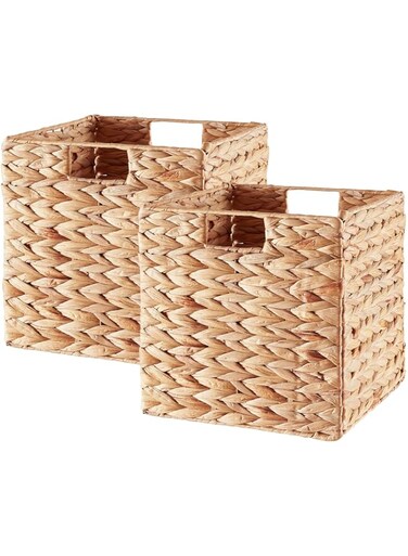 Vagusicc Storage Basket, Set of 2 Handwoven Water Hyacinth Storage Baskets, Foldable Wicker Storage Basket 9 Inch Cube Storage Bin for Shelves Laundry Organizer Square Shelf Baskets, 9''x9''x9''