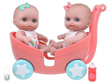 JC Toys Lil Cutesies Twin 8.5" All Vinyl Dolls And Stroller Set, Posable And Washable, Removable Outfits  Twin Stroller And Accessory,   Ages 2+, Green