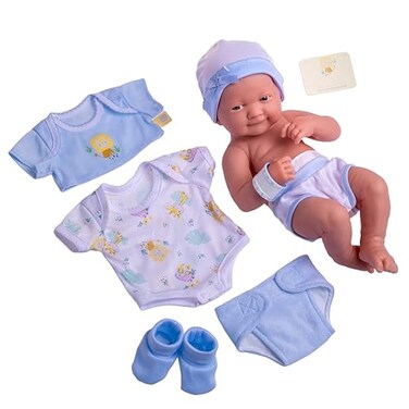JC Toys 8 Piece Layette Baby Doll Gift Set, - La Newborn Nursery, 14" Life-Like Smiling Doll W/Accessories, Blue, Ages 2+