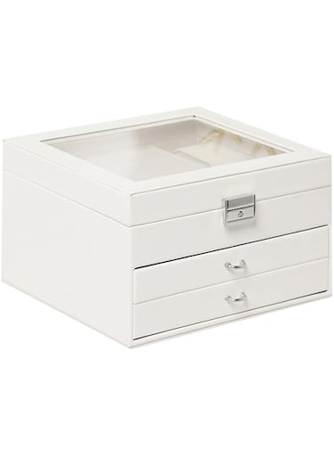 Jewelry Box Organizer, Jewelry Organizer for Women Girls, 3 Large Layers Display Organizer, Large PU Leather Jewelry Box, Jewelry Box for Earrings, Rings, Necklaces, Bracelets (White-2)