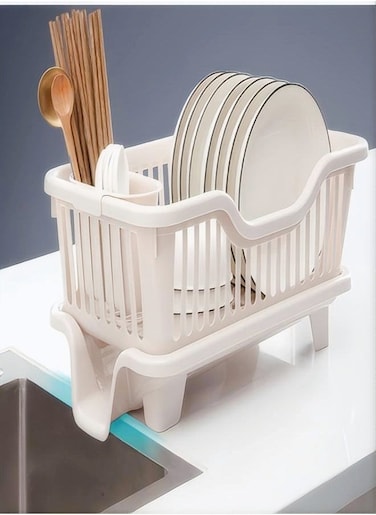 Kitchen Plastic Bowl Rack, Dish Drainer Rack - Apricot [Side Drain]