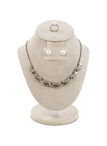 MOOCA Linen Covered Wood Jewelry Display Necklace Chain Jewelry Bust Display Stand, Necklace Display Necklace Mannequin, Necklace Bust Jewelry Stand, 8.75 in Height, Tan Linen
