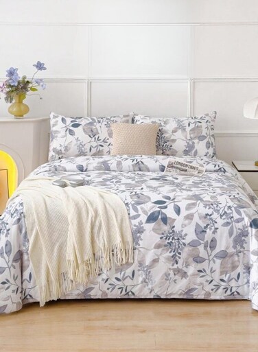 Home Queen size 6 pieces bedding set, grey and blue leaf floral pattern soft skin frendly duvet cover set.