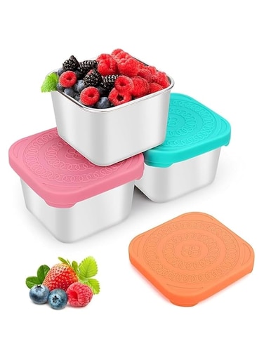 NALACAL 3 Pack Stainless Steel Snack Containers, 6oz Small Metal Food Storage Containers with Leak Proof Silicone Lids, Reusable Lunch Snack Condiment Sauce Storage Set, for Travel, Picnic, Office