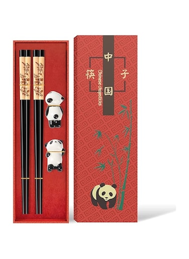 ELECDON Chopsticks and Chopsticks Panda Holder,2 Pairs Reusable Chopsticks with Delicate box, Washable and Dishwasher Safe, Natural Wooden Chinese Japanese Korean Classic Stylish Easy To Use Non-Slip