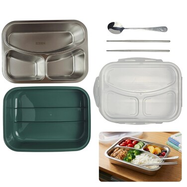 Stainless Steel Lunch Box with 3 Compartments, SUS304 Inner Tray, Spoon and Chopsticks Included, Leak-Resistant Silicone Seal for Daily Meals at Work, School, or Outdoors SOBHYS (Green)