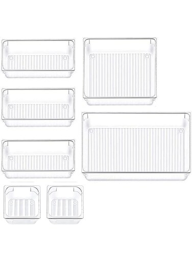 CLOUDFOUR Desk Drawer Organizers Tray Set, Drawer Divider, 7pcs Clear Plastic Storage Bins Bathroom Drawer Organiser, Drawer Organizer Tray for Makeup, Kitchen Utensils, Jewelries, Gadgets