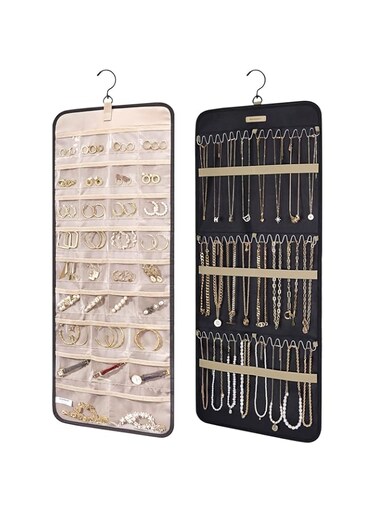 BAGSMART Hanging Jewelry Organizer Storage Roll with Hanger Metal Hooks Double-Sided Jewelry Holder for Earrings, Necklaces, Rings on Closet, Wall, Door, 1 piece, Large, Black