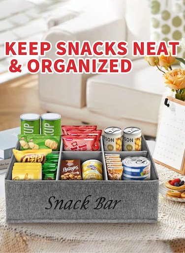 Counter snack organizer, 6-grid, grey fabric snack container with handle, snack box, can be used for storing miscellaneous items, cutlery organizer, and storage
