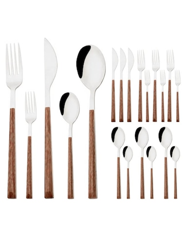 Korean Style Wood Flatware Stainless Steel Fork/Spoon/Knife/Teaspoon with Wooden Square Handle Cutlery Set of 4 Dinnerware for Home, Kitchen, Restaurant, Gift - Silver