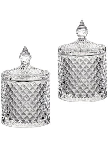Cotton Ball and Swab Holder Organizer,Home Decor Clear Glass Bathroom Vanity Countertop Canister Jars with Lid, Room Decor Apothecary Jars Holder Makeup Organizer for Pads,Bath Salts 8.8OZ Set of 2