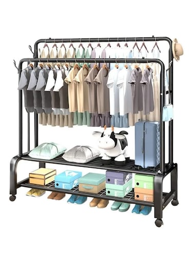 Storage Drying Rack Foldable Double Pole, With Hooks and Shoe Rack