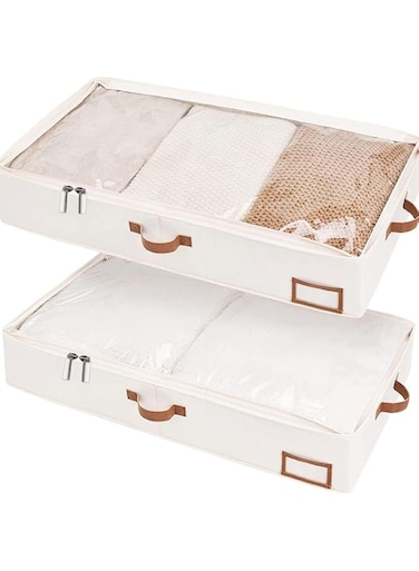 ALMEKAQUZ Storage Works Under bed Storage Box, Under Bed Clothes Organizer With Sturdy Structure and Ultra Thick Fabric, Collapsible Closet Under the bed Storage Bags (Beige, Pack of 2) (Large)