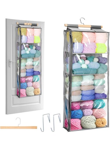 Yarn Storage, Hanging Organizer with 4 Compartments, Clear Door Zippered Yarn Holder, Large Capacity Pockets for Crochet Hooks Threads Clothes Purses, Durable and Space-Saving, Gray
