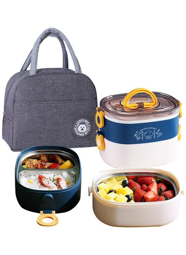 Stainless Steel Lunch Box - Insulated Bento Box Multifunctional Containers Food Containers with 2 Compartments,Tableware, Nylon insulation bag (1.2L Blue)