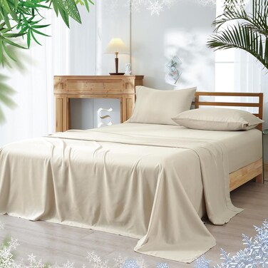 3 Piece 60% Rayon Derived from Bamboo 40% Polyester Cooling Twin Size Bedding Sheet Set, Luxury Silky Soft Breathable for Hot Sleeper, Includes 1 Fitted Sheet (100 cm x 190 cm) with 40 cm deep pocket,1 Flat Sheet (165 cm x 255 cm) and 1 Standard Pillowcase (50cm x 75cm), Natural Beige