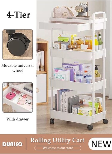 4-Tier Rolling Utility Cart with Drawer, Multifunctional Storage Organizer, Rolling Cart with Plastic Shelf &amp; Metal Wheels,Storage Cart for Kitchen, Bathroom, Living Room, Office