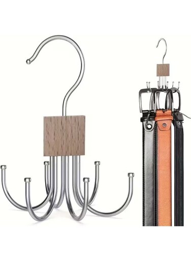 Smart Rotating Belt Hanger with Wooden Base, Multi-Function Accessory Organizer with Stainless Steel Hooks, Space-Saving Closet &amp; Wardrobe Storage for Belts, Ties, Scarves, Bras &amp; Vests