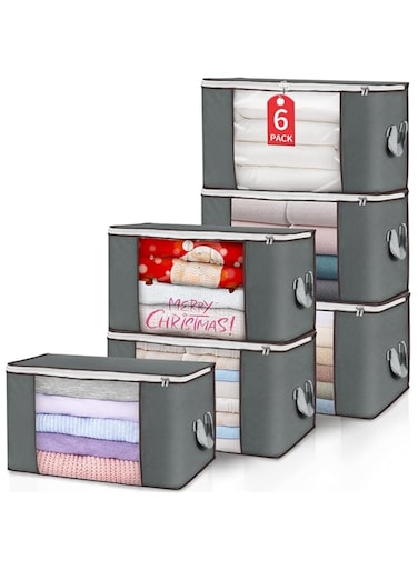 6 Pack Clothes Storage Bins,90L Large Storage Bags Foldable Closet Organizers Storage Containers Moving Bags with Durable Handle for Clothing, Blanket, Comforters, Bed Sheets, Pillows and Toys (Gray)