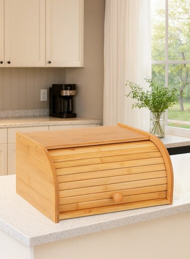 Home Bamboo Bread Box   Roll-Top Wooden Bread Storage Bin for Kitchen Counter   Eco-Friendly Organizer for Loaves, Muffins &amp; Baked Items   Farmhouse Bread Holder