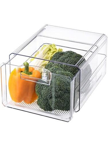 NEEMAY Kitchen Refrigerator Organizer Box Food Storage Stackable Fridge Box Pull Out Drawer Food Storage Container with Drain Divider for Fridge Kitchen Bathroom Home Food Grade PET+PP 1 Box/Set