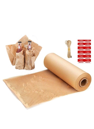 Packing Paper 12"x32.8' Honeycomb Cushioning Wrap Roll - Eco Friendly Kraft Packaging Moving Shipping Suppliers Brown with 12 Fragile Sticker Biodegradable &amp; rope