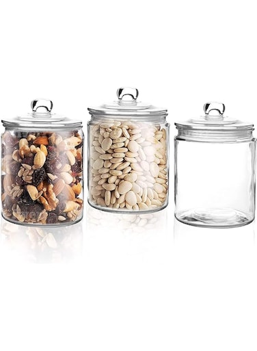 ATK_set of 3 Apothecary Canisters, Heritage Hill Canister jar of 1 Ltr, glass jars for sugar, cookies, chocolates sticks, marshmallow, Dishwasher safe, Crystal Clear Glass, Think knop, etc