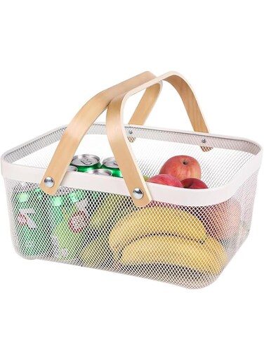 Metal Mesh Steel Basket with Handle, Multi-functional Kitchen Baskets Fruit Basket Bin, Garden Harvest Basket Mesh Basket for Shopping Garden Picnic Bathroom Organizing (White)