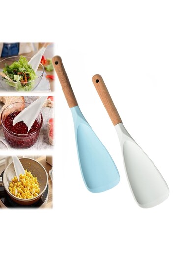 2PCS Consensuts Multi Function Spoon, Consensuts Spatula, 2-in-1 Long Wood Handle Matte Silicone Scoop Salad Spoons, Cooking Spoon for Nonstick Cookwares, Multi-Function Spatula Spoon