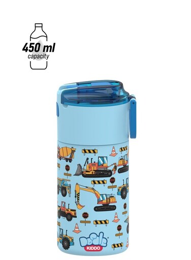 Kiddo Cars &amp; Trucks Stainless Steel Insulated Water Bottle 450ml - Leak-Proof, Drop-Resistant, Push Button, Carry Handle - Ideal for Back to School