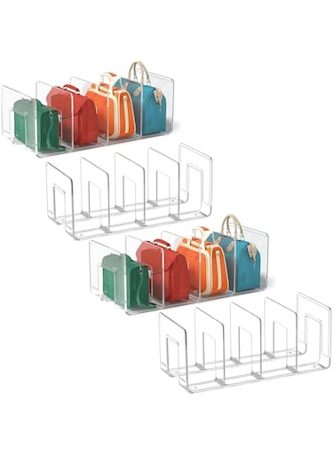 U-HOOME Clear Plastic Purse Handbag Organizer 4 Sections Bag Closet Shelf Divider Purse Display Stand Handbag Storage Organizer Clear Desk File Sorter Office Supplies Stand Holder Bookshelf (4PCS)